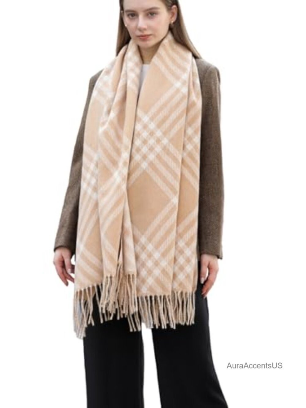 Reversible Plaid Scarf Wrap, Soft Cashmere-Feel, Fringe, Oversized Winter Shawl